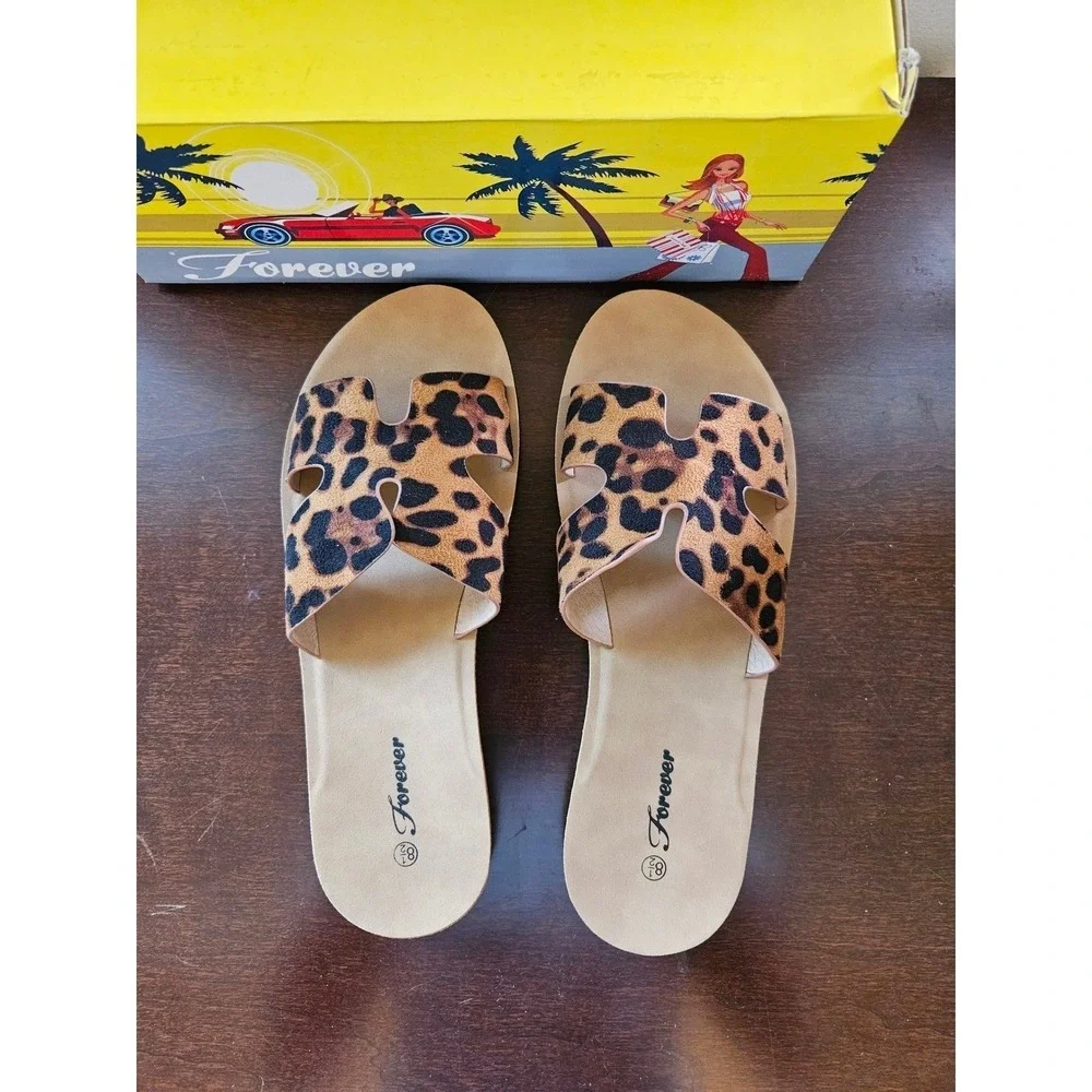 Forever Reina-1 Women Leopard Print H-Band Slide Sandals Open Toe Size 8 NEW